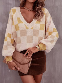 Checkered Sweater  V-Neck Lantern Sleeve Womens Fashion