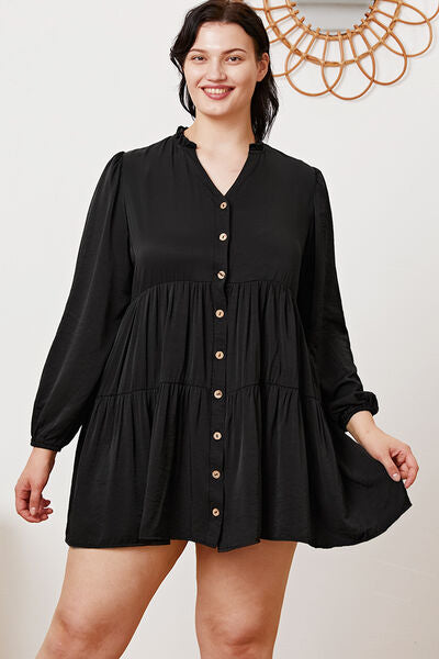 Ruffled Button Up Long Sleeve Tiered Shirt Dress