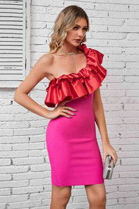 Women's Sexy Pink Ruffled One-Shoulder Tight Fit Bodycon Midi Dress