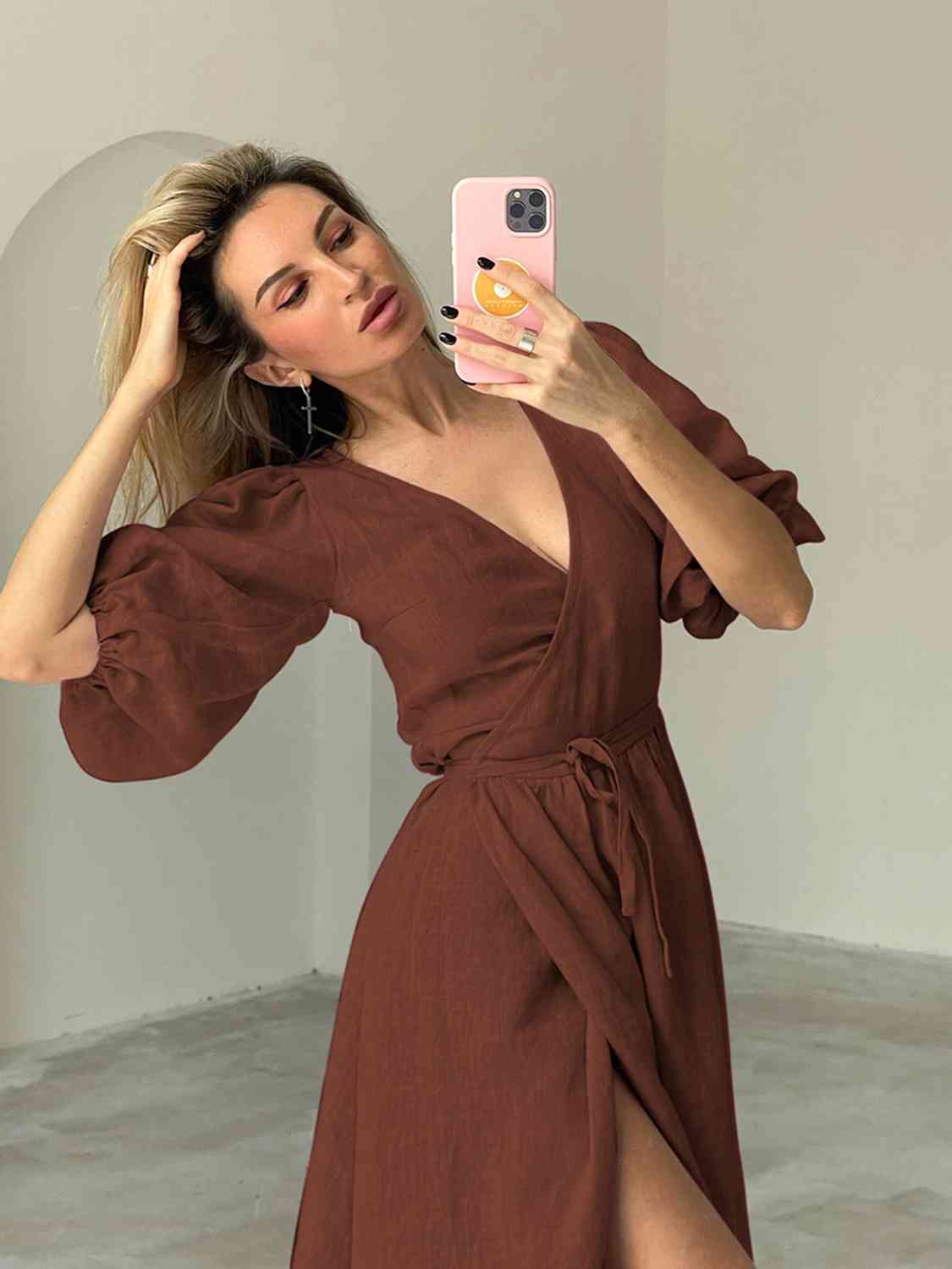 Casual  Vacation Dress 100% Cotton Balloon Sleeves High Slit Short Sleeve Tied Midi Dress Premium Luxury Ladies Fashion