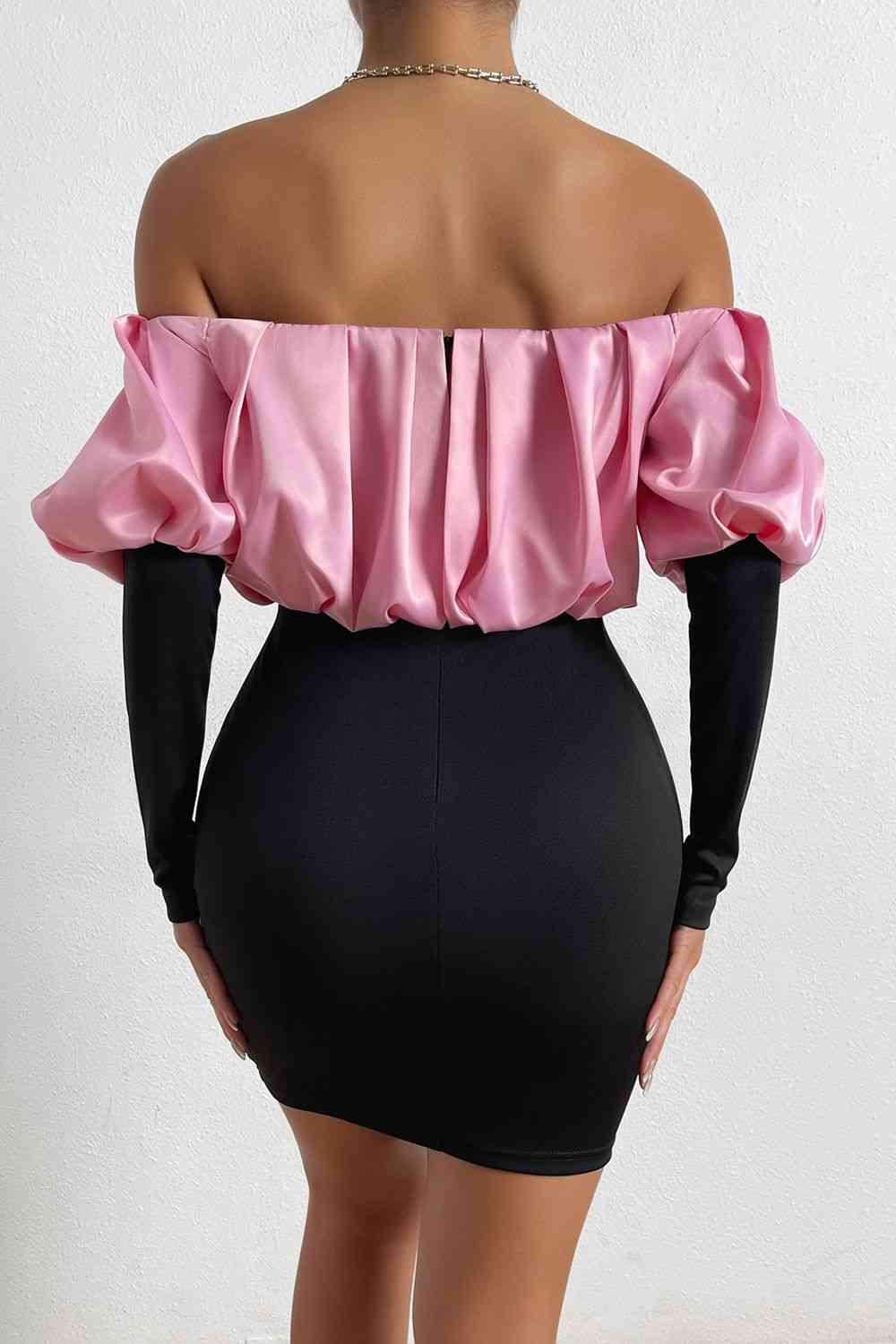 Off-Shoulder Puff Sleeve Mini Pin and Black Long Sleeve Sexy Party Evening Pencil Dress