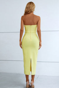 Women's Yellow Seam Detail Strapless Sweetheart Neck Bodycon Midi Long Dress