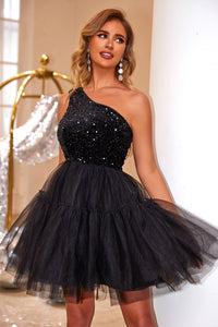 Black Sequin One-Shoulder Formal Mini Dress