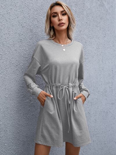 Womens Casual Drawstring Round Neck Dropped Shoulder Mini Dress