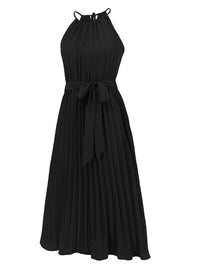 Pleated Spaghetti Strap Tie Waist Midi Dress New womens fashion Party dresses