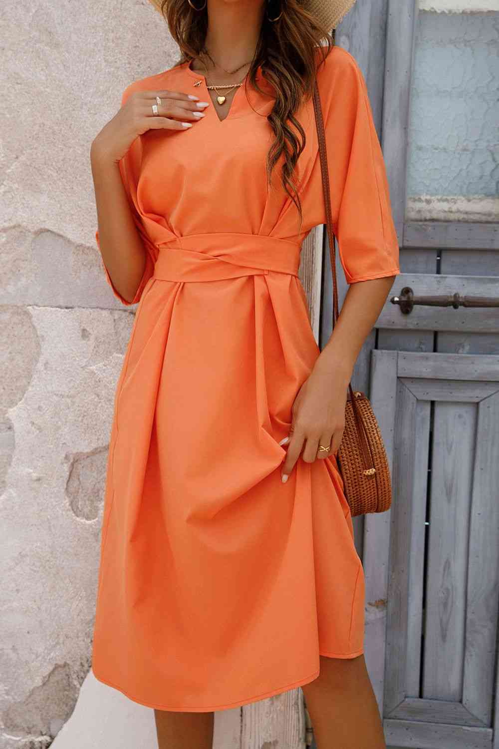 Women's Fashion Orange Shirt Dress  Notched Neck Half Sleeve Midi Dress