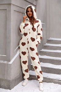 Fuzzy Heart Zip Up Hooded Lounge Pajama Adult Valentines Onesie Jumpsuit Fuzzy Pajamas