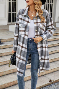 Plaid Button Up Collared Neck Coat Jacket Long Sleeve Button Down Shirt with Pockets