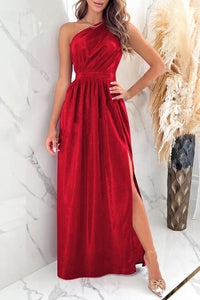 One Shoulder Elegant Slit Ruched Evening Maxi Dress