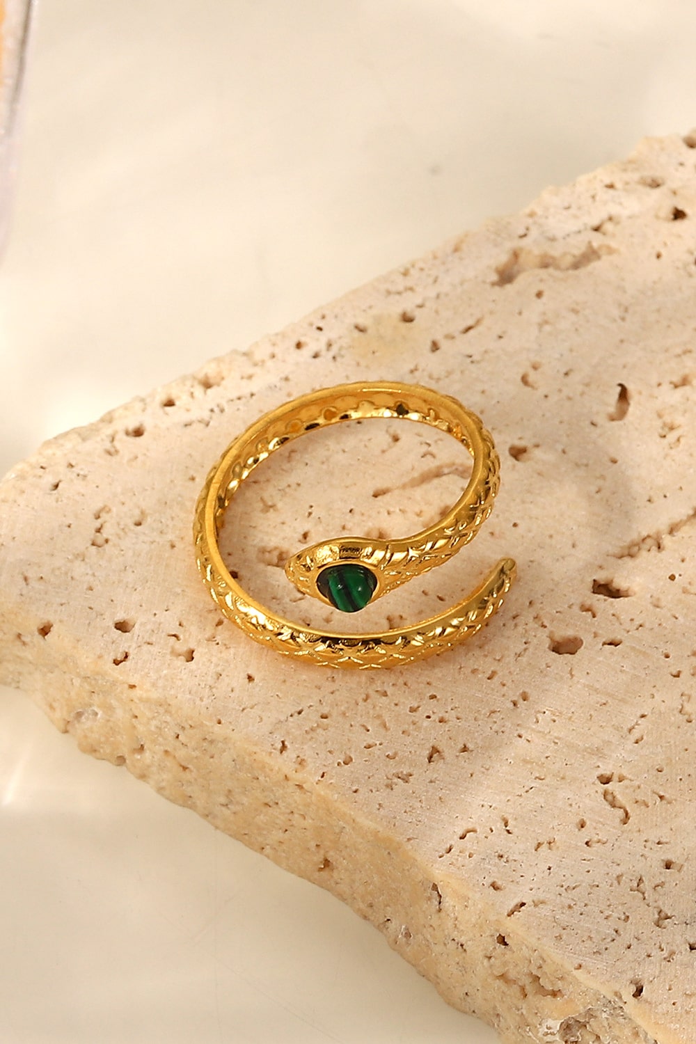 Snake Ring, 18K Gold Plated Charmer Malachite Snake-Shaped Bypass Ring