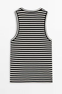 Black and White Striped Round Neck Wide Strap Tank Top