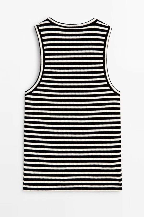 Black and White Striped Round Neck Wide Strap Tank Top