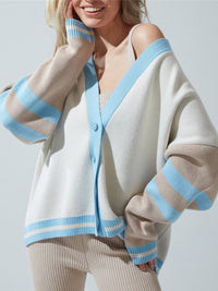 Fashion Knit Sweater Contrast Dropped Shoulder V-Neck Cardigan