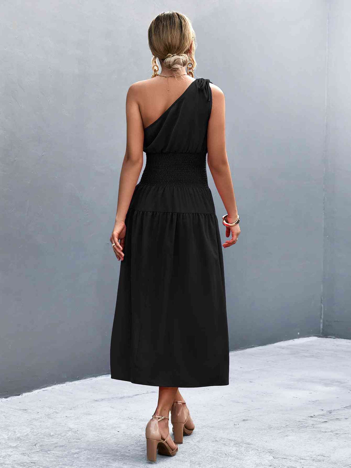 Women's Casual Maxi Dress Asymmetrical One Shoulder Smocked Waist Midi Dress