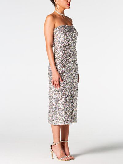 Silver Sequin Strapless Evening Dress Women's Sleeveless Midi Wrap Dress for special occasions