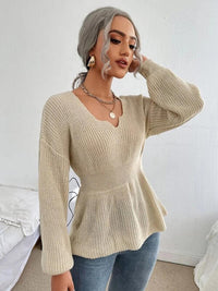 Notched Dropped Shoulder Knit Long Sleeve Top