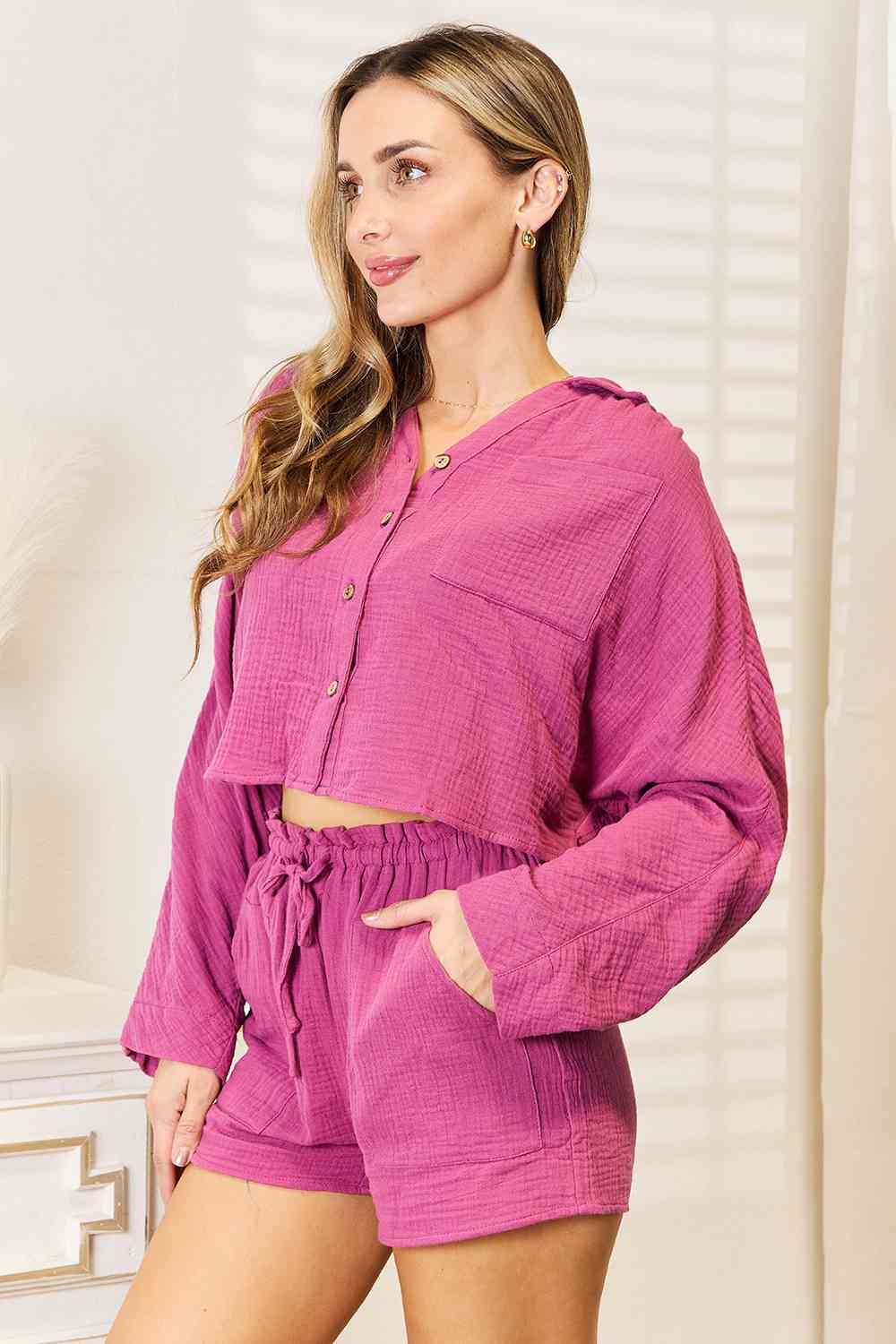 100% Cotton Womens Fashion Buttoned Long Sleeve Top and Shorts Outfit Set