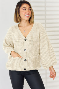 Balloon Sleeve Sweater with buttons and pockets Women's Fashion  Pocketed Button Up Dropped Shoulder Cardigan KESLEY