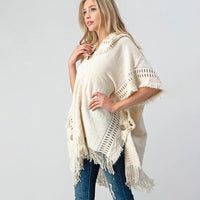 Fringed Crochet Buttoned Hooded Throw Over Fashion Sweater Poncho