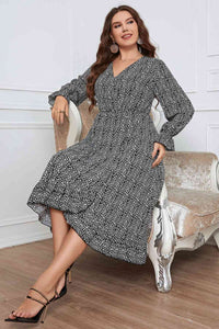 Melo Apparel Plus Size Printed V-Neck Flounce Sleeve Midi Dress