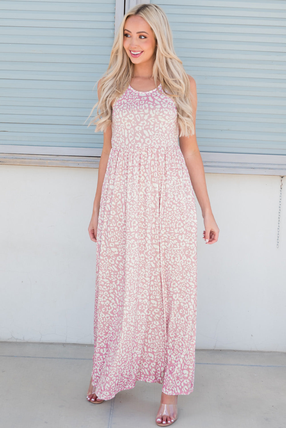 Leopard Round Neck Sleeveless Casual Maxi Dress