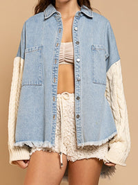 Women's Fashion Cable-Knit Raw Hem Denim Jacket Cotton Fashion