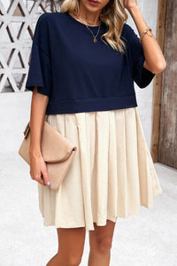 Round Neck Dropped Shoulder Mini Colorblock Fashion Dress