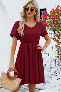 Womens V-Neck Balloon Short Sleeve Dress