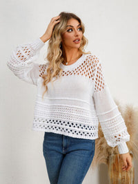 Womens Crochet Sweater Long Sleeve Casual Cutout Round Neck Knit Top