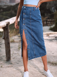 Women's Jean Denim Skirt Button Down High Slit Versatile Fashion Cotton