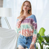 Tie-Dye V-Neck Frayed Hem Sweater