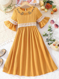 Lace Waistband Embroidery Round Neck Flounce Sleeve Dress Girls Clothing Kids Fashion