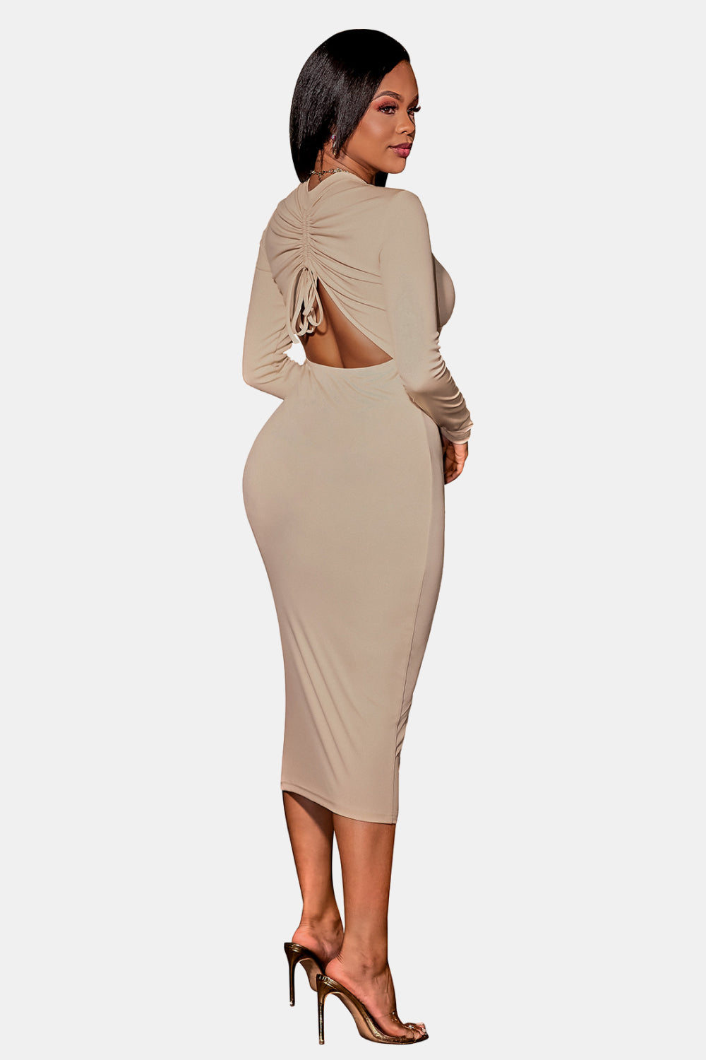 Zip Up Cutout Drawstring Detail Midi Bodycon Casual Dress