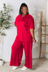 Double Take Full Size Round Neck Slit Top and Pants Set Loungewear T shirt and bottoms included