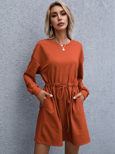 Womens Casual Drawstring Round Neck Dropped Shoulder Mini Dress