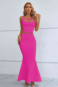 Womens Sexy Matching Outfit Cutout Hot Pink Top and Fishtail Maxi Skirt Set