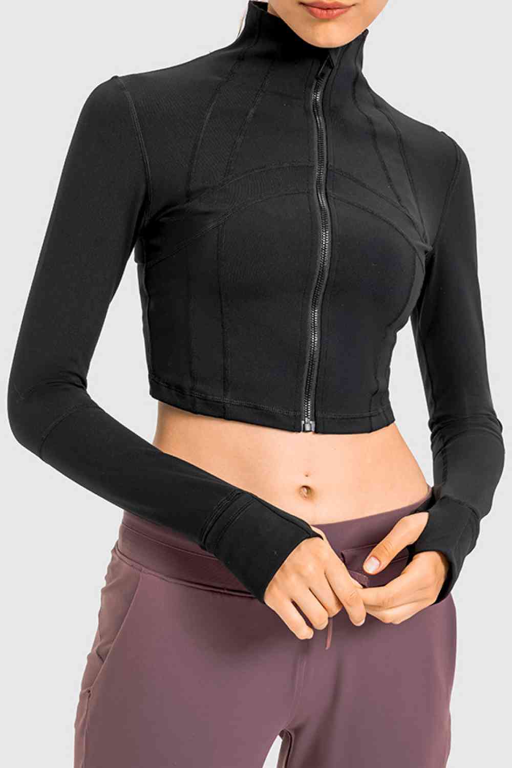 Womens Zip Front Cropped Sports Jacket with thumbhole Fashion Activewear Top