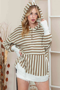 Womens Striped Dropped Shoulder Buttoned Thumb Hole Long Sleeve Top Hoodie