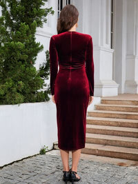 Womens Sexy Formal Long Sleeve Velvet Ruched High Slit Surplice Wrap Dress