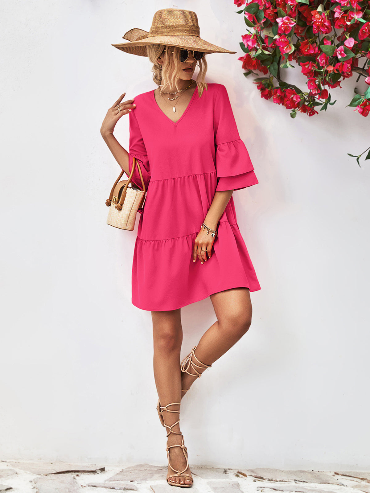 Womens Casual Holiday Vacation V-Neck Flare Sleeve Mini Dress