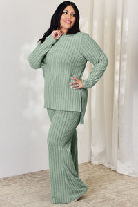 Matching Fashion Set  Ribbed High-Low Long Sleeve T-Shirt and Wide Leg Pants Set Casual Wear and Loungewear