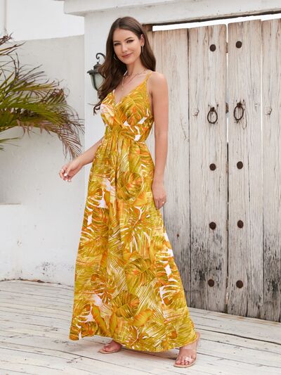 Vacation Jungle Printed Surplice Spaghetti Strap Maxi Dress