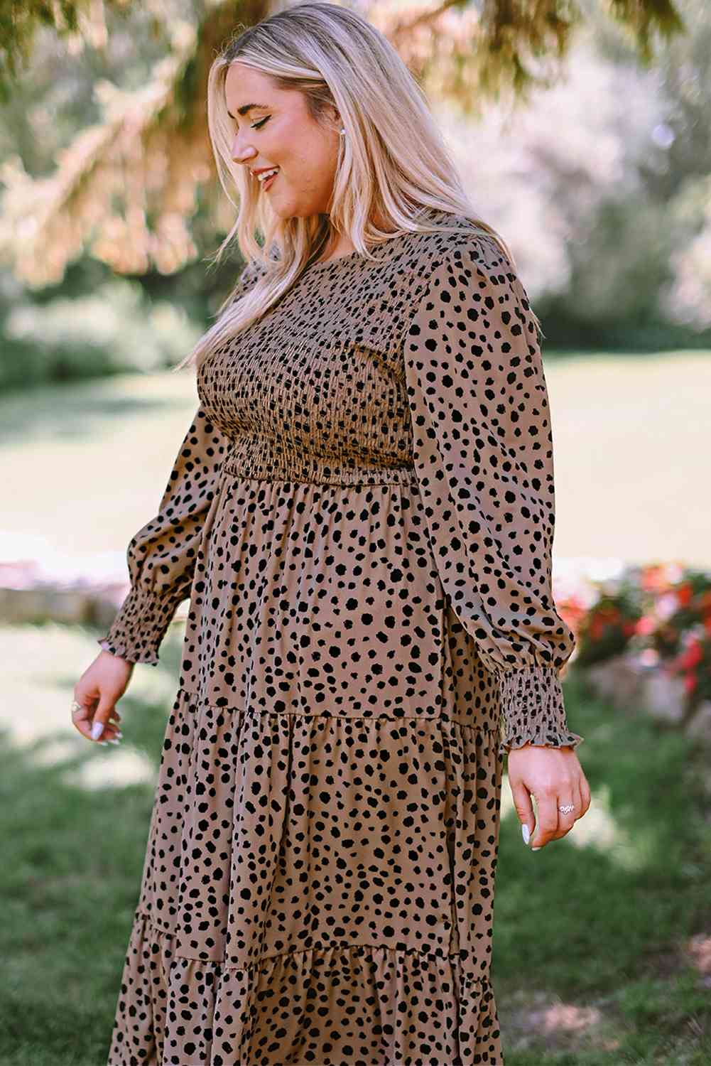 Plus Size Animal Print Smocked Tiered Casual Long Sleeve Dress