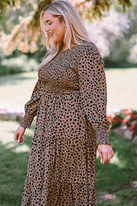 Plus Size Animal Print Smocked Tiered Casual Long Sleeve Dress