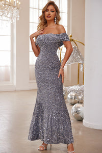 Silver Sequin Formal Dress Women's Gown Tight Bodycon Off-Shoulder Wrap Party Dress