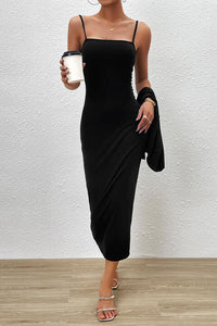 Women’s Black Spaghetti Strap Midi Dress and Bolero Cropped Cardigan Casual Fashion Set