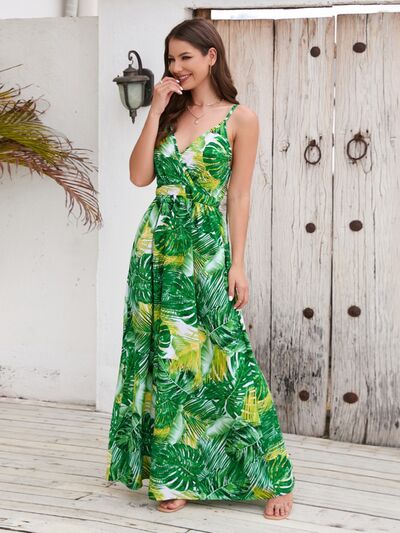 Vacation Jungle Printed Surplice Spaghetti Strap Maxi Dress