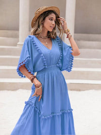 Tassel Trim Smocked V-Neck Short Sleeve Maxi Dress