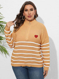 Plus Size Zip-Up Striped Sweater with heart print