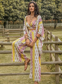 Matching Outfit Set Boho Printed Crop Top Cami Open Front Cover Up Kimono and Wide Leg Pants Set Three piece fashion outfit set KESLEY